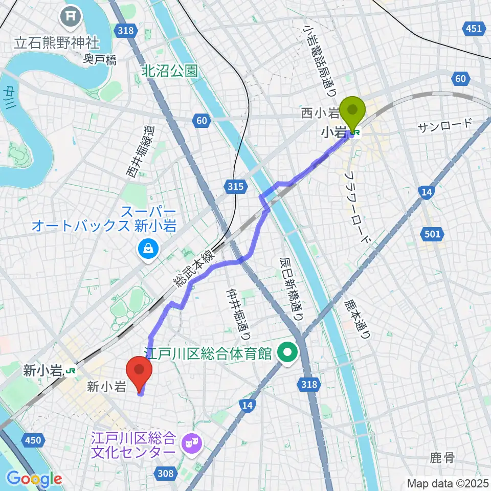 小岩駅から新小岩BOTTON CLUBへのルートマップ地図