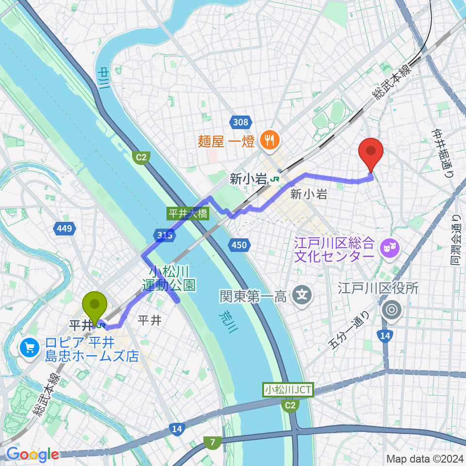 平井駅から新小岩フルート教室へのルートマップ地図