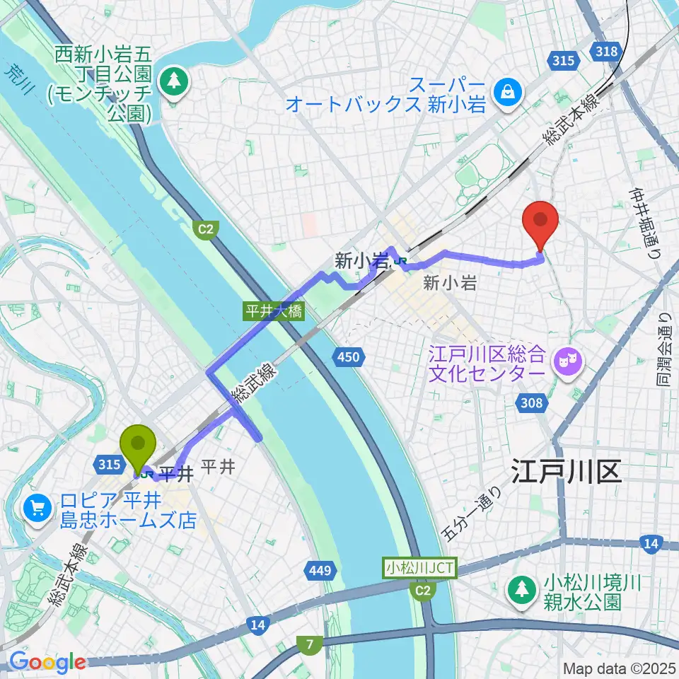 平井駅から新小岩フルート教室へのルートマップ地図