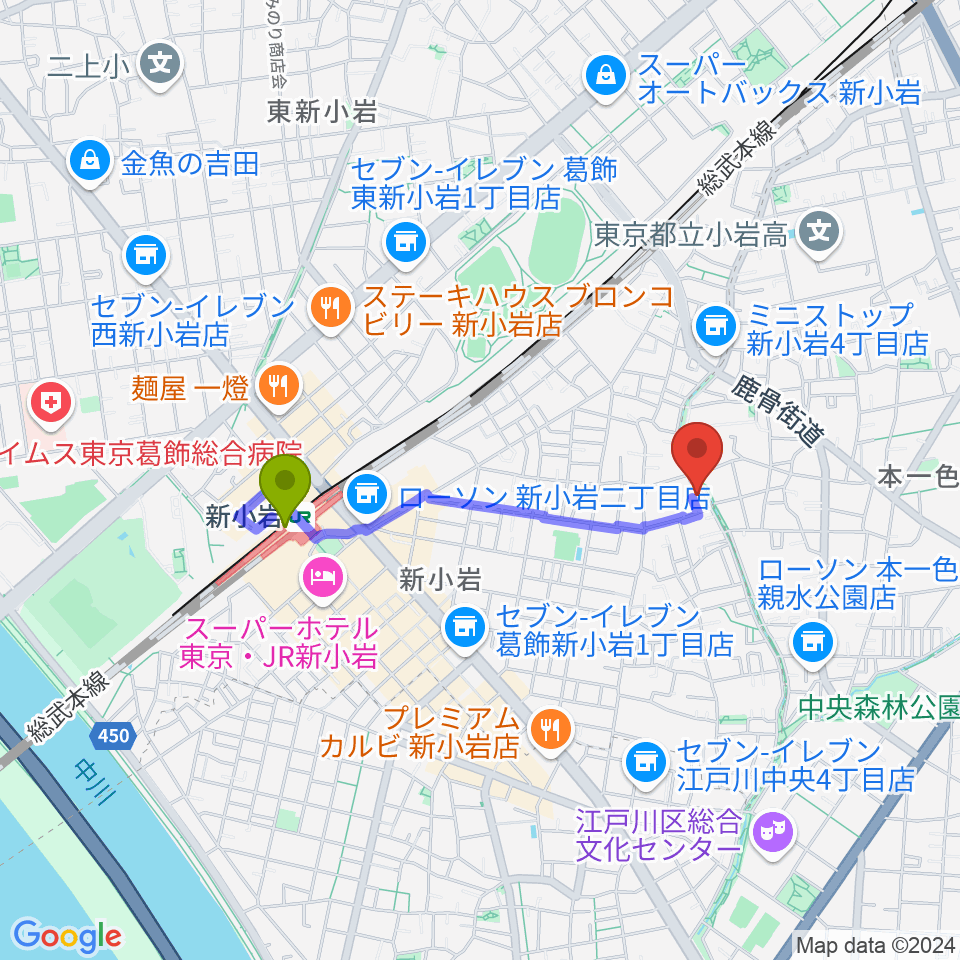 新小岩フルート教室の最寄駅新小岩駅からの徒歩ルート（約13分）地図