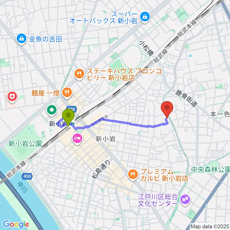 新小岩フルート教室の最寄駅新小岩駅からの徒歩ルート（約13分）地図