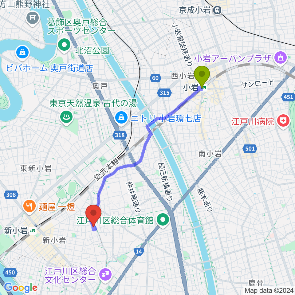 小岩駅から新小岩フルート教室へのルートマップ地図