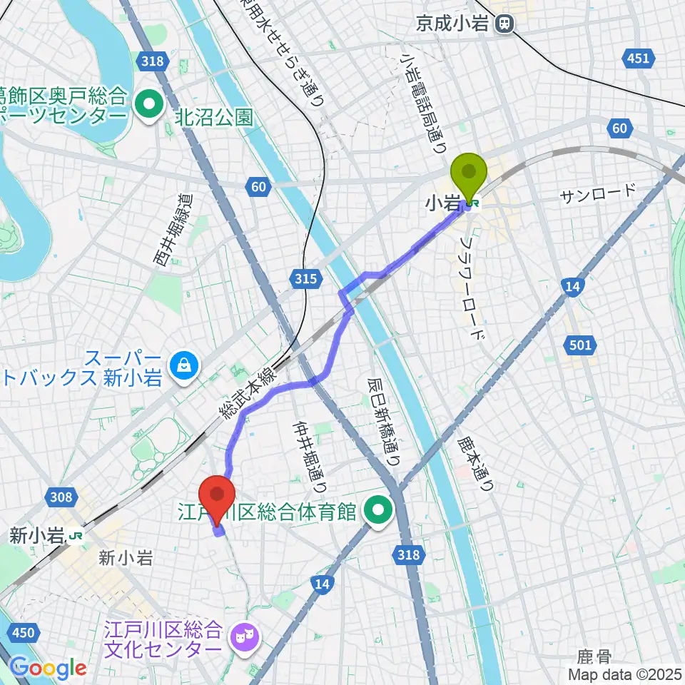 小岩駅から新小岩フルート教室へのルートマップ地図