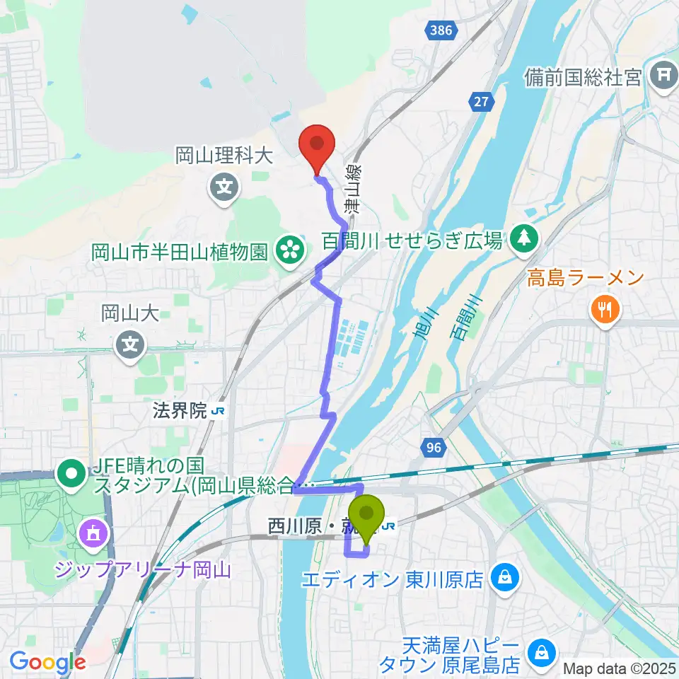 西川原駅から半田山スタジオへのルートマップ地図