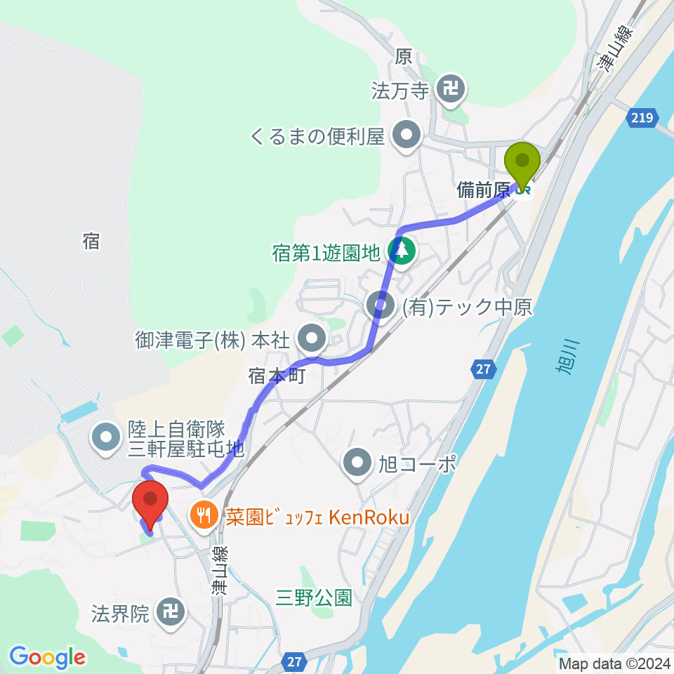 備前原駅から半田山スタジオへのルートマップ地図