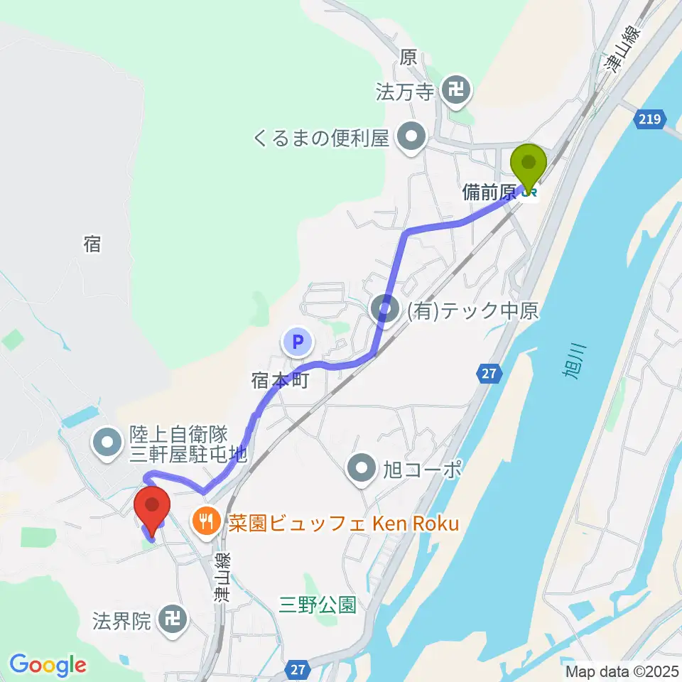 備前原駅から半田山スタジオへのルートマップ地図