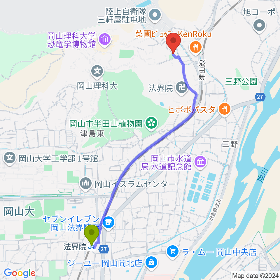 半田山スタジオの最寄駅法界院駅からの徒歩ルート（約23分）地図