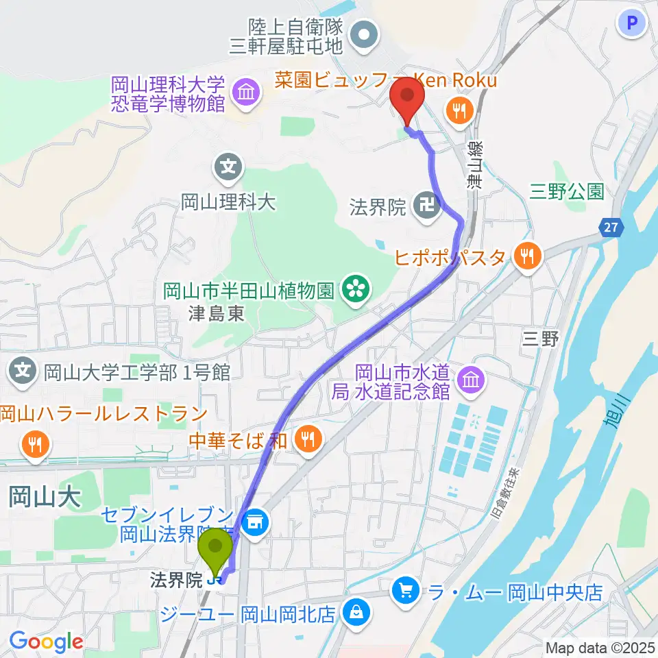 半田山スタジオの最寄駅法界院駅からの徒歩ルート（約23分）地図