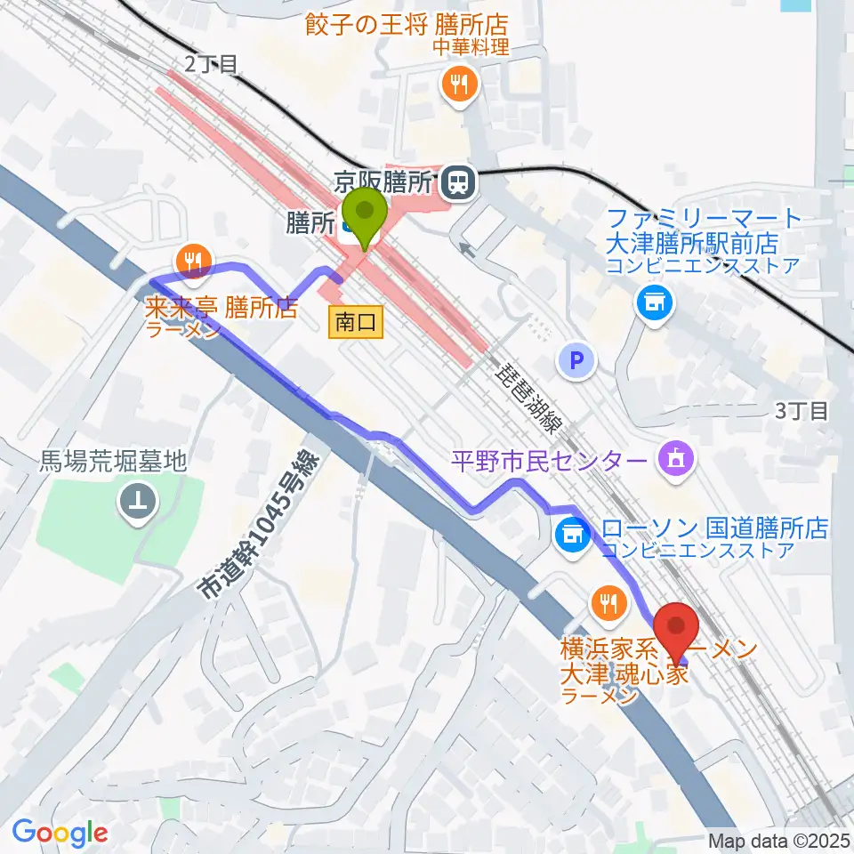 Altero Custom Guitarsの最寄駅膳所駅からの徒歩ルート（約5分）地図