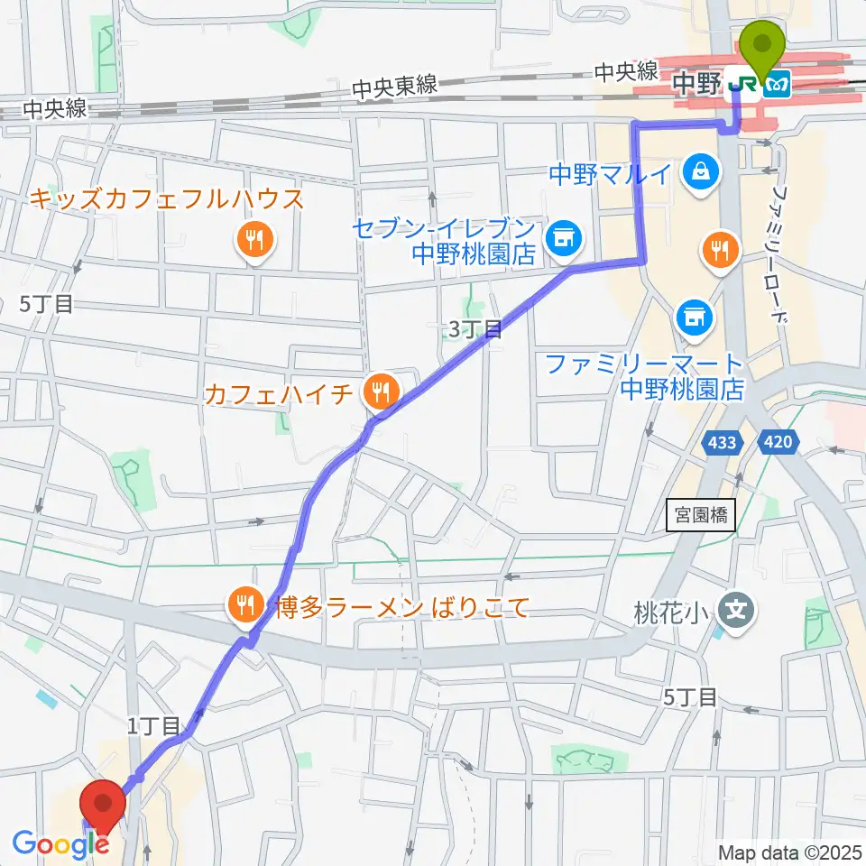 中野駅から東高円寺ロサンゼルスクラブへのルートマップ地図