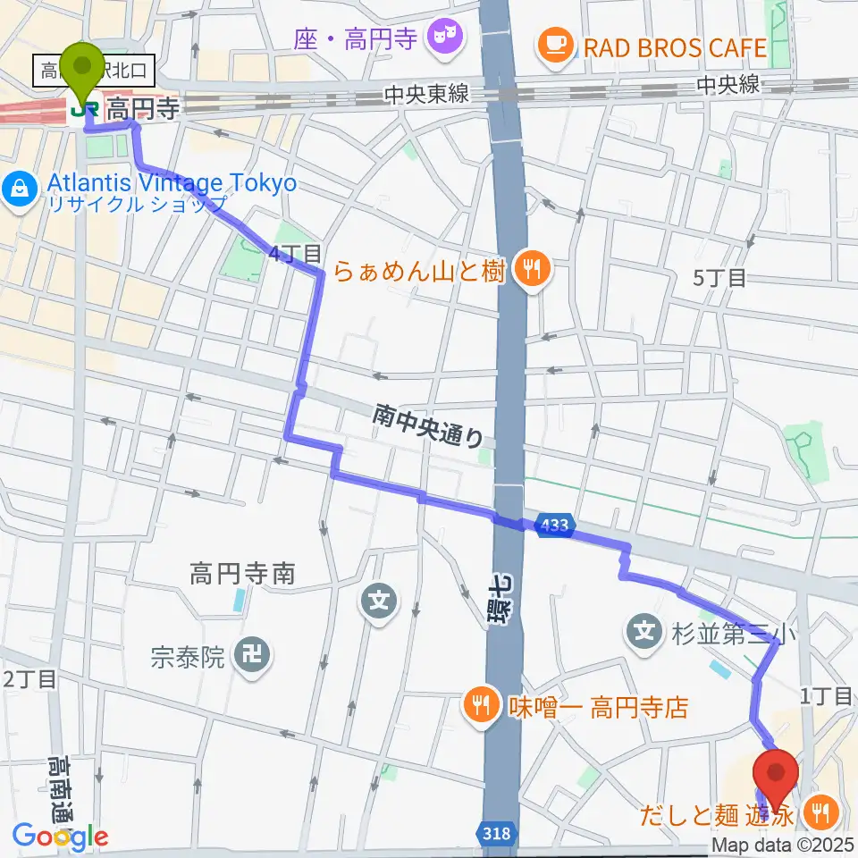 高円寺駅から東高円寺ロサンゼルスクラブへのルートマップ地図