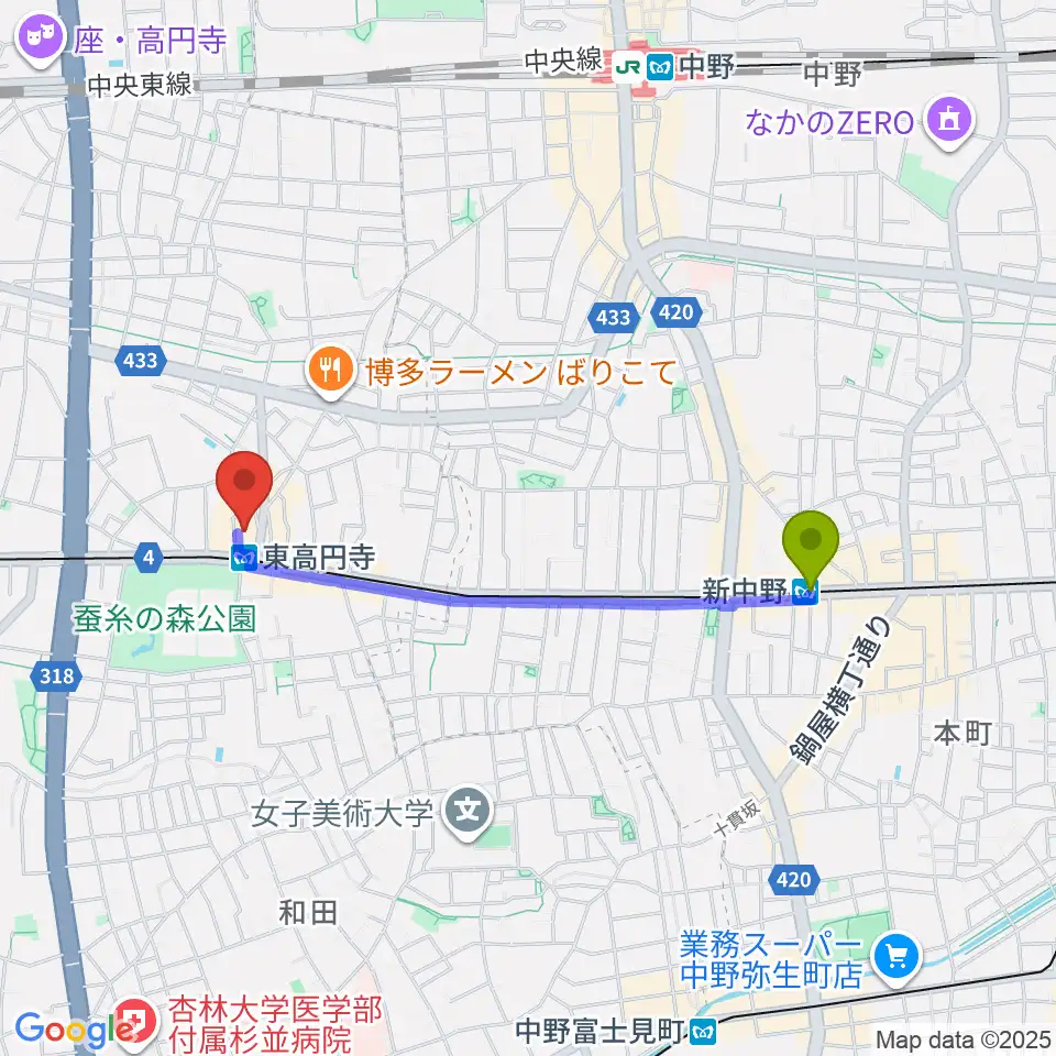 新中野駅から東高円寺ロサンゼルスクラブへのルートマップ地図