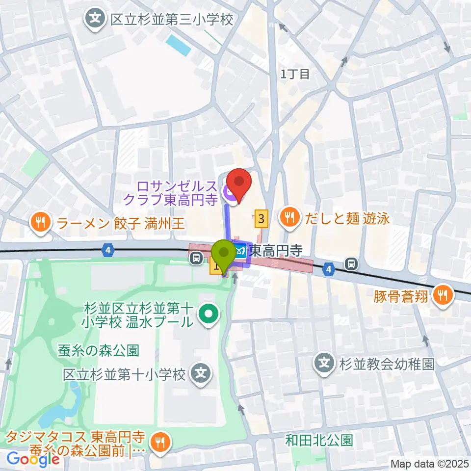 東高円寺ロサンゼルスクラブの最寄駅東高円寺駅からの徒歩ルート（約1分）地図