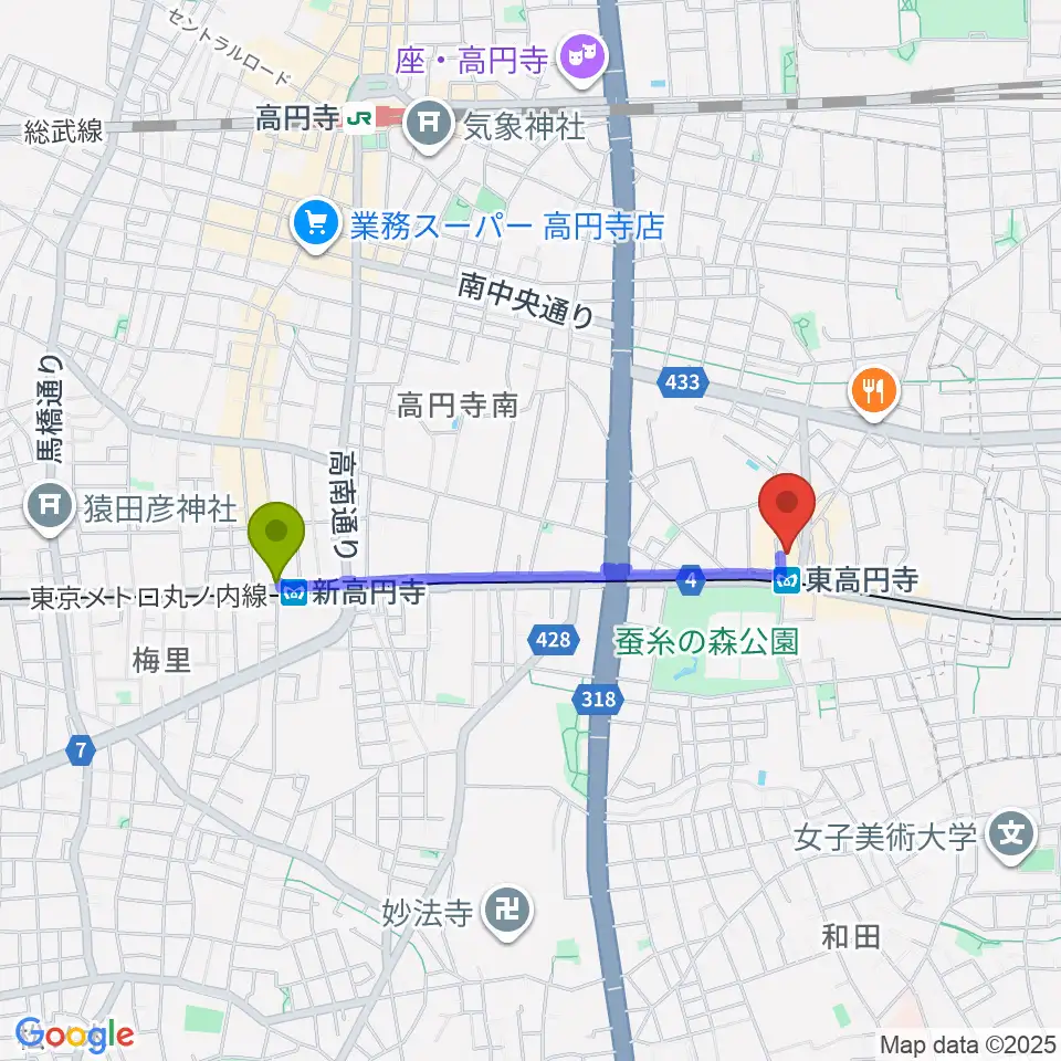 新高円寺駅から東高円寺ロサンゼルスクラブへのルートマップ地図