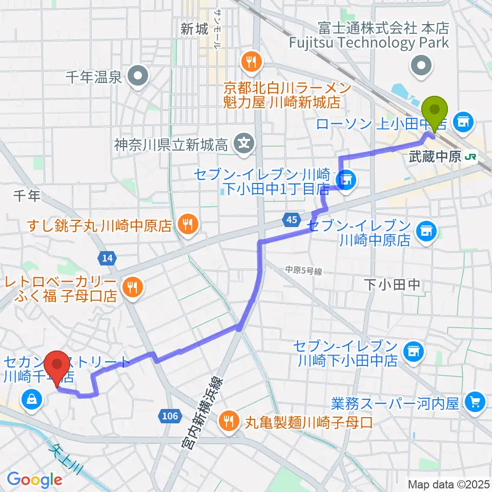武蔵中原駅から須山ギター教室へのルートマップ地図
