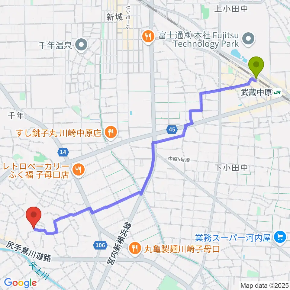 武蔵中原駅から須山音楽教室へのルートマップ地図