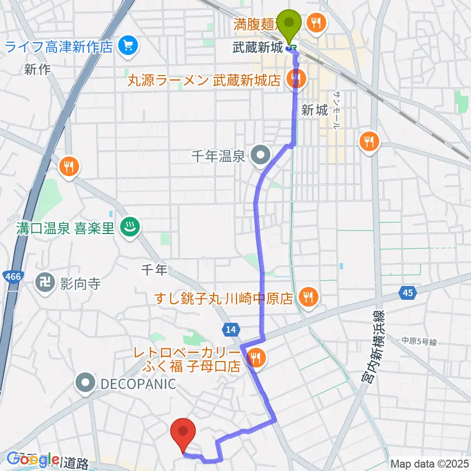 須山音楽教室の最寄駅武蔵新城駅からの徒歩ルート（約28分）地図