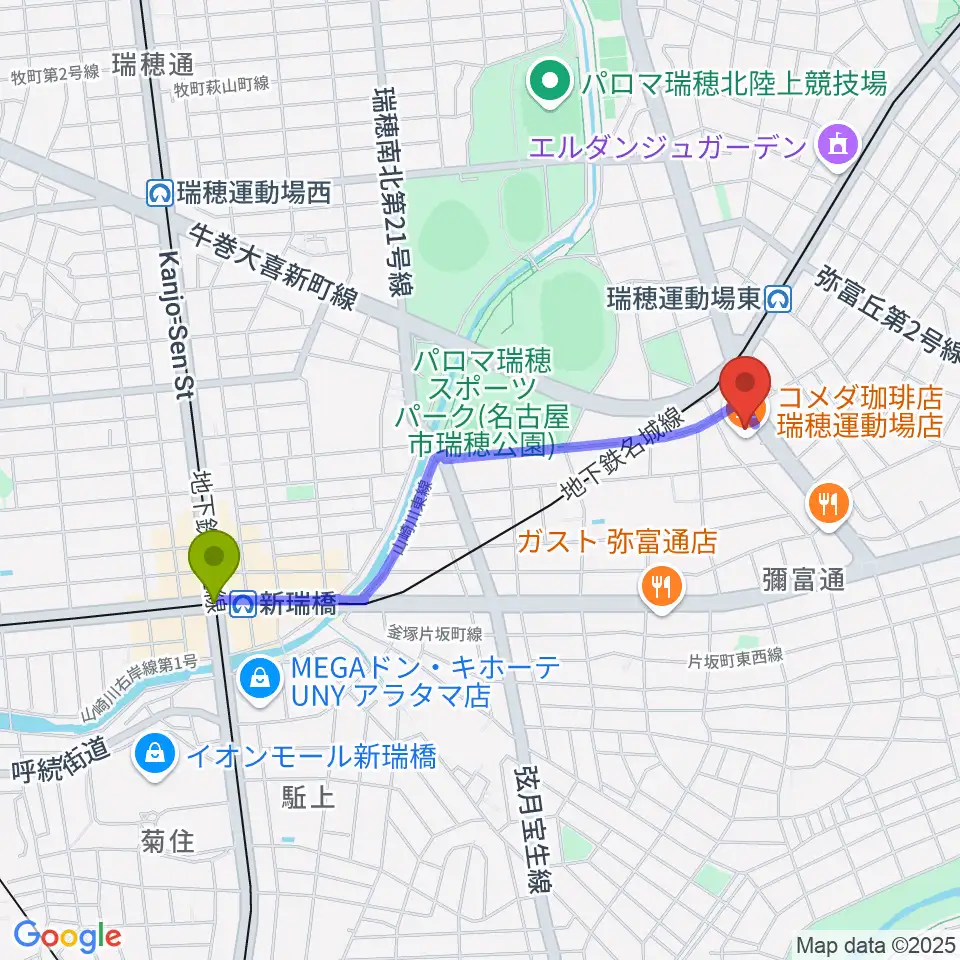 新瑞橋駅からみずほギター音楽教室へのルートマップ地図