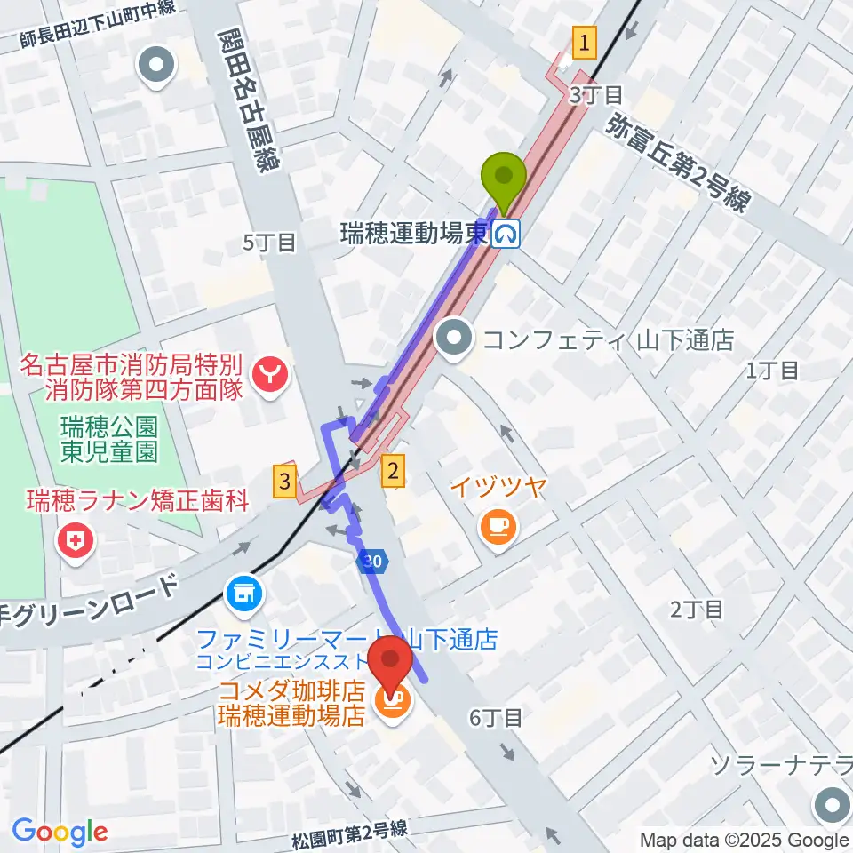 みずほギター音楽教室の最寄駅瑞穂運動場東駅からの徒歩ルート（約5分）地図