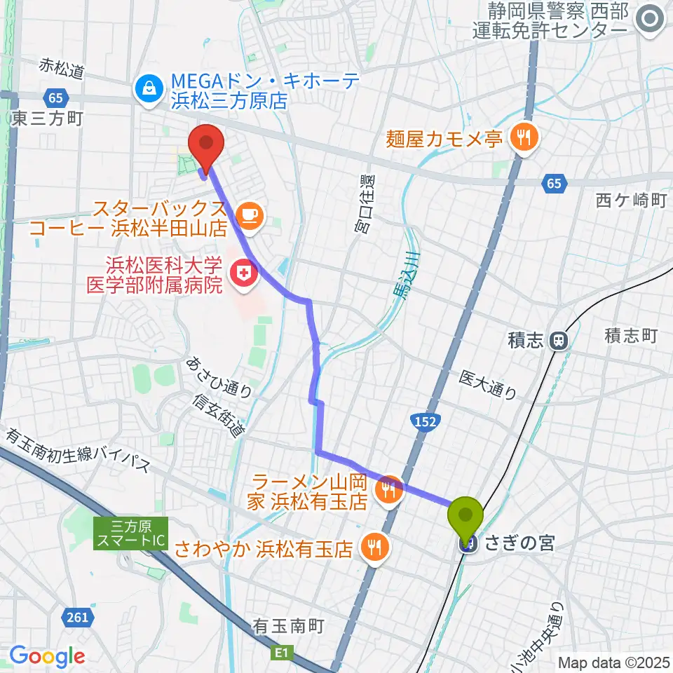 さぎの宮駅からJazz in B♭ 田村音楽教室へのルートマップ地図