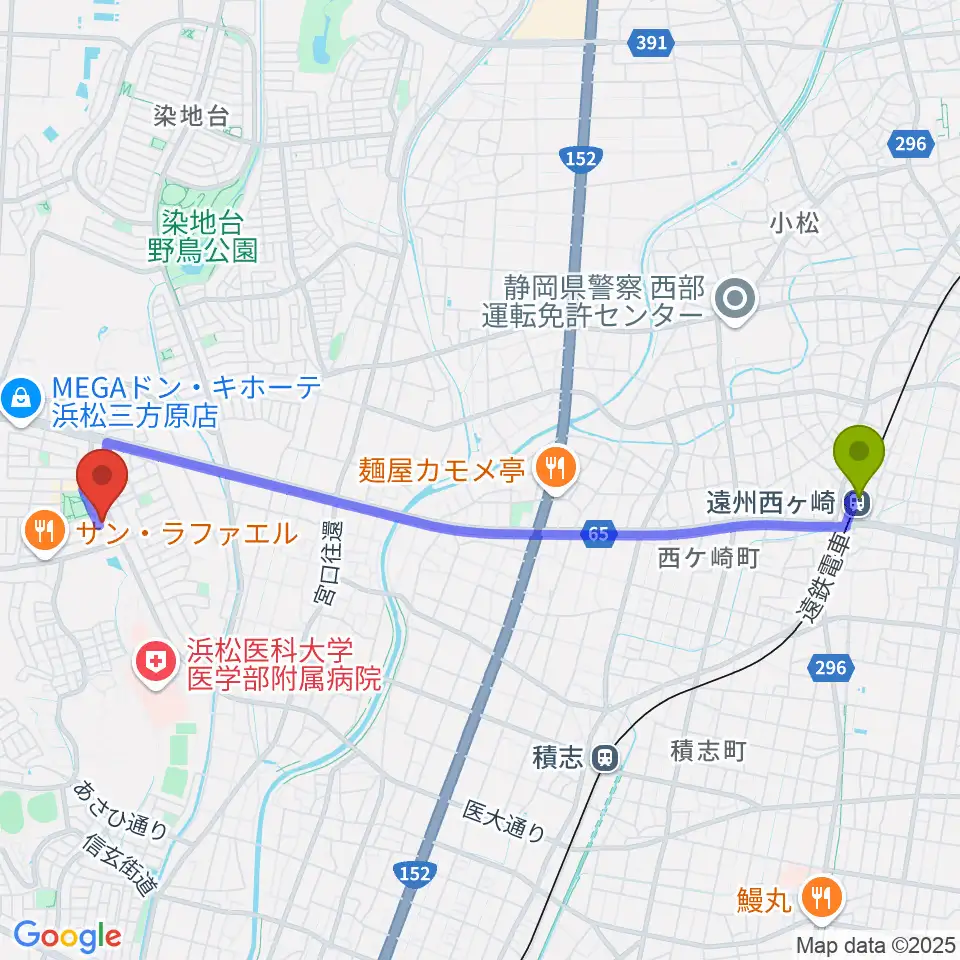 遠州西ヶ崎駅からJazz in B♭ 田村音楽教室へのルートマップ地図
