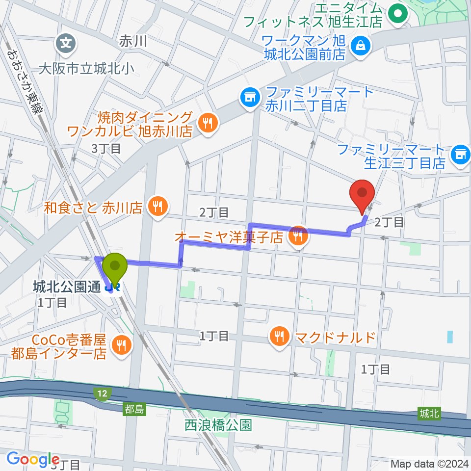 ピノ・エテルナ ギター教室の最寄駅城北公園通駅からの徒歩ルート（約9分）地図