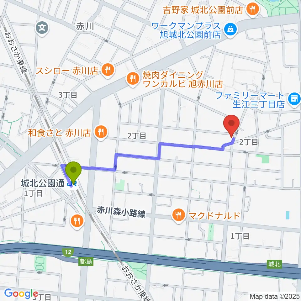 ピノ・エテルナ ギター教室の最寄駅城北公園通駅からの徒歩ルート（約9分）地図
