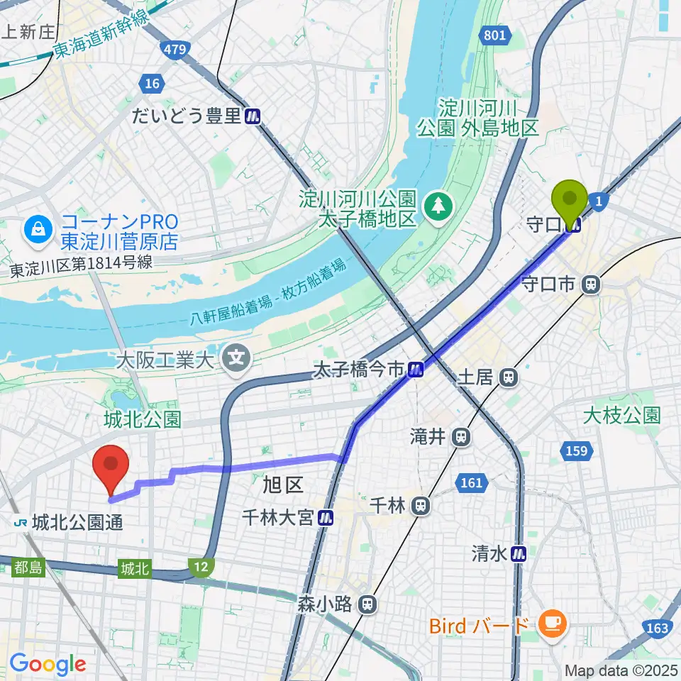 守口駅からピノ・エテルナ ギター教室へのルートマップ地図