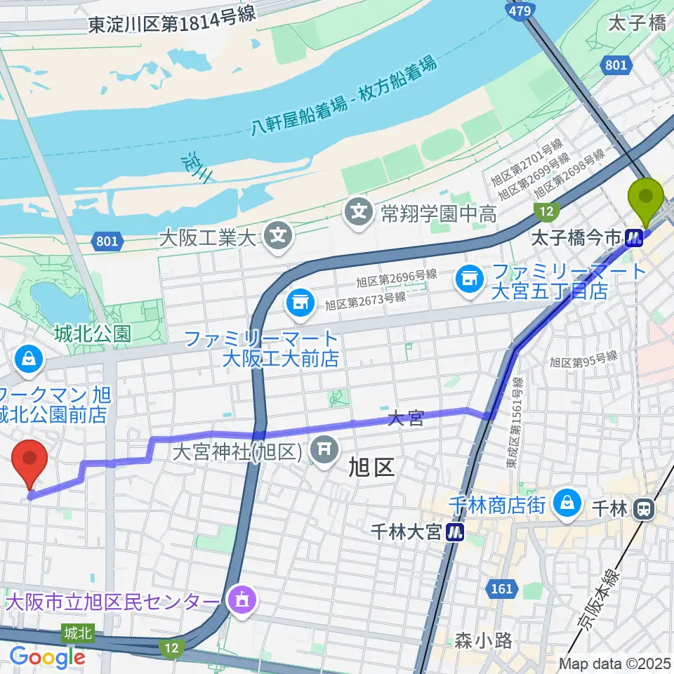 太子橋今市駅からピノ・エテルナ ギター教室へのルートマップ地図