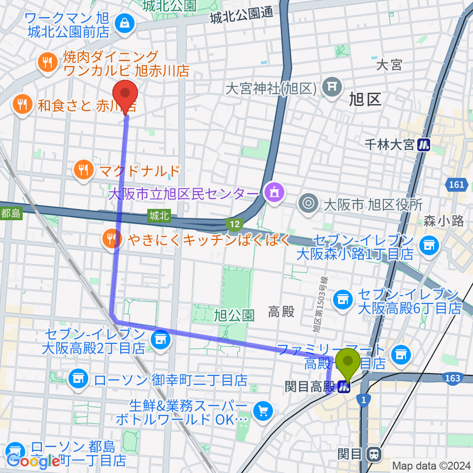 関目高殿駅からピノ・エテルナ ギター教室へのルートマップ地図