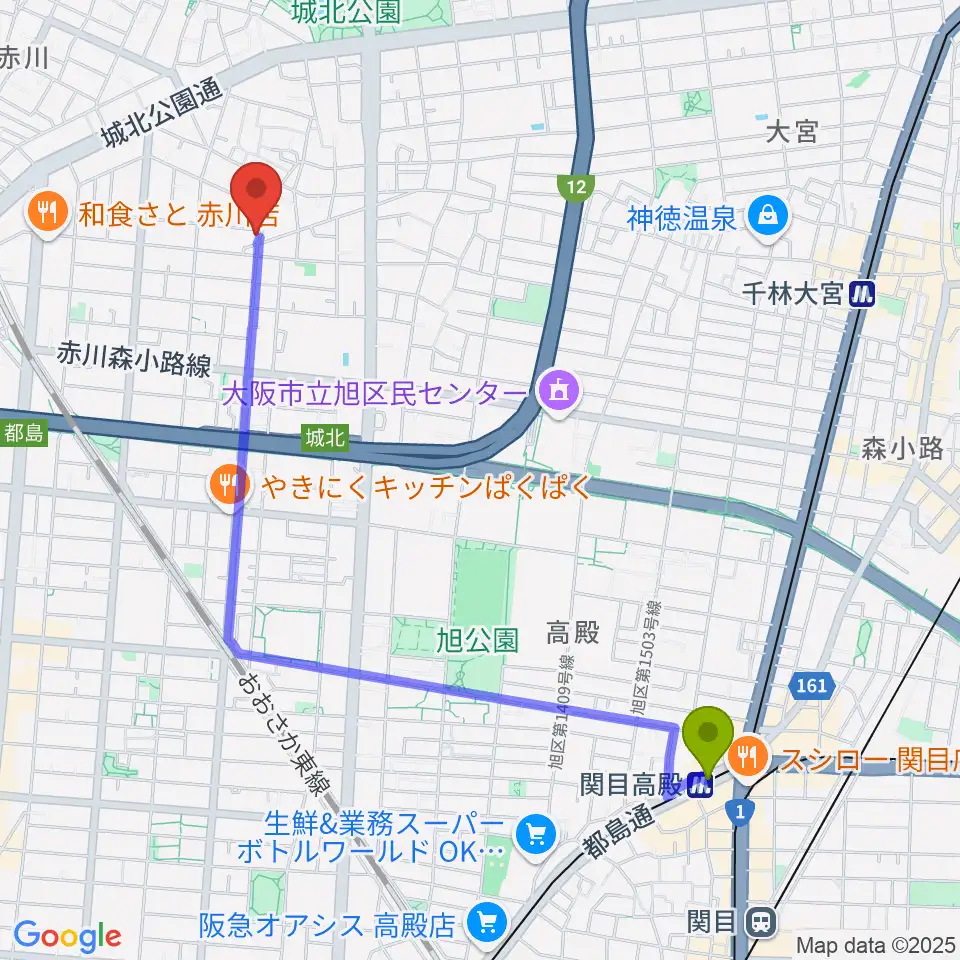 関目高殿駅からピノ・エテルナ ギター教室へのルートマップ地図