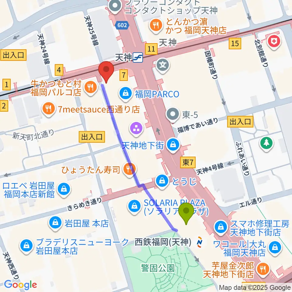 西鉄福岡（天神）駅からイシバシ楽器 福岡パルコ店へのルートマップ地図