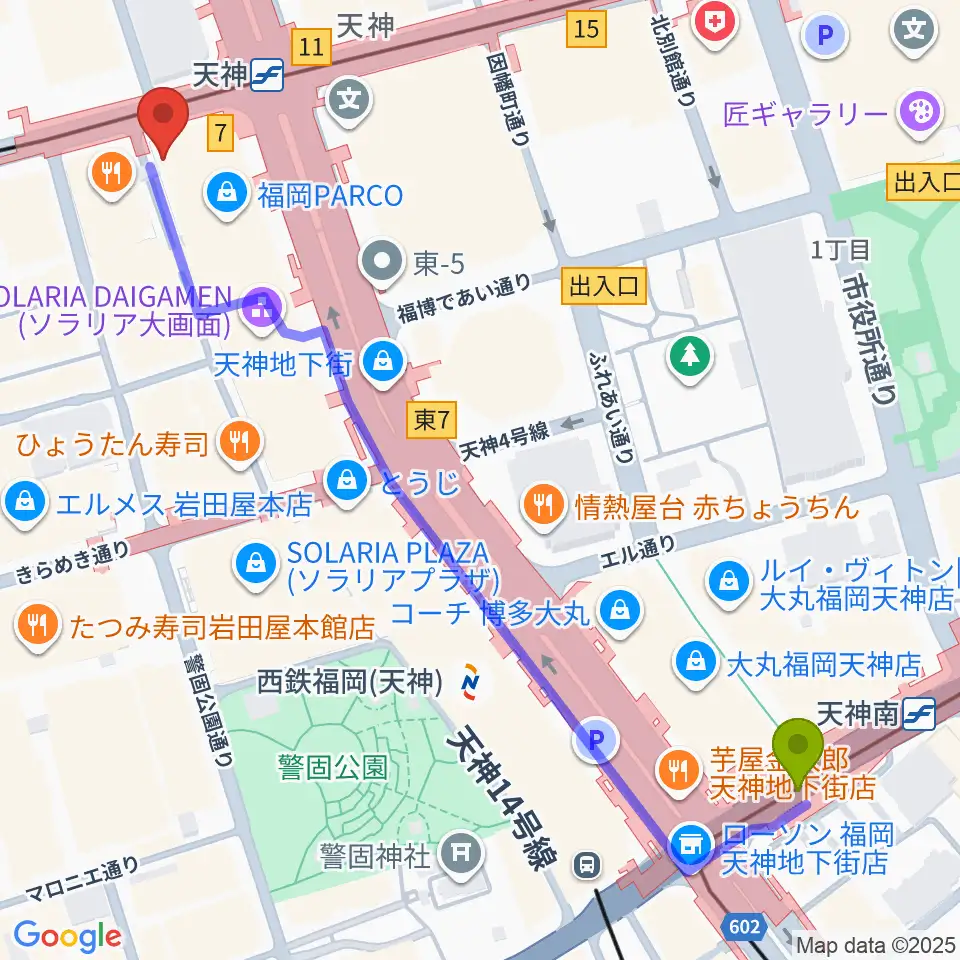 天神南駅からイシバシ楽器 福岡パルコ店へのルートマップ地図