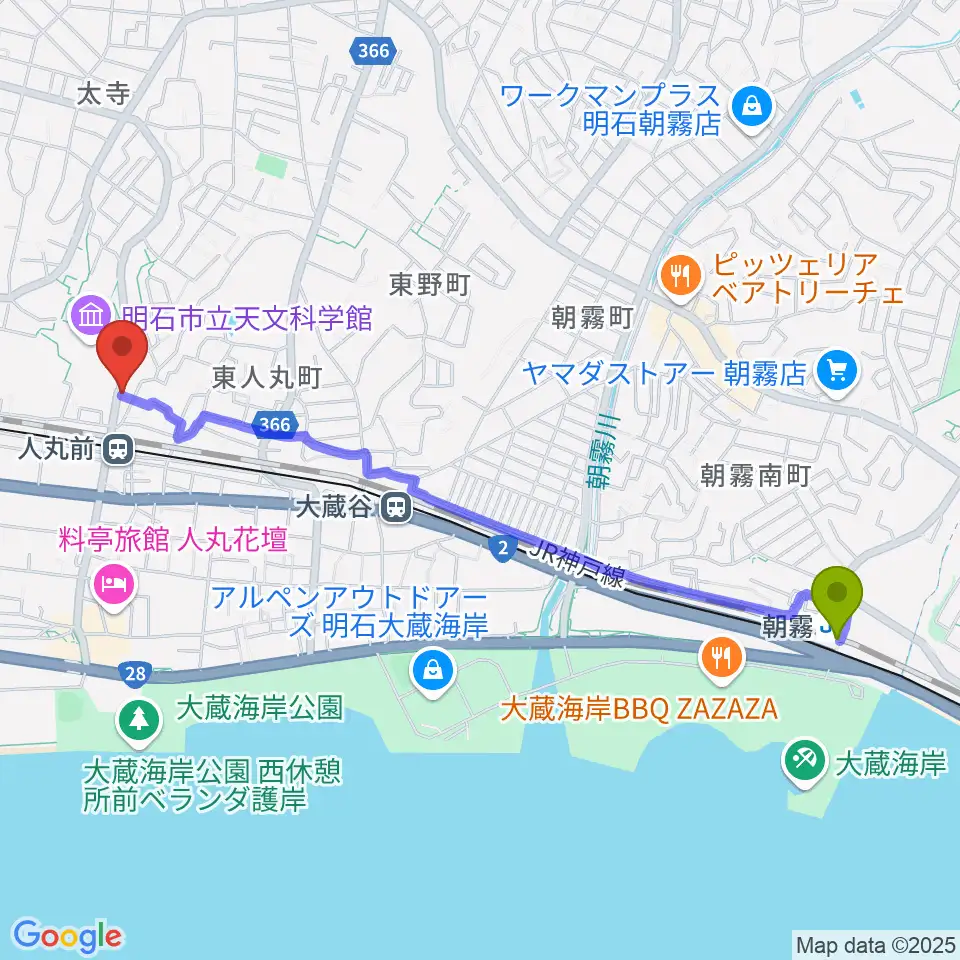 朝霧駅から楽器の修理屋プロタックへのルートマップ地図