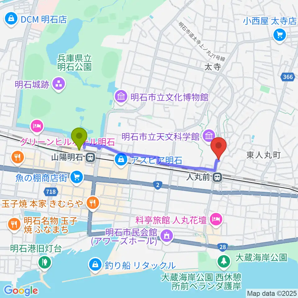 明石駅から楽器の修理屋プロタックへのルートマップ地図
