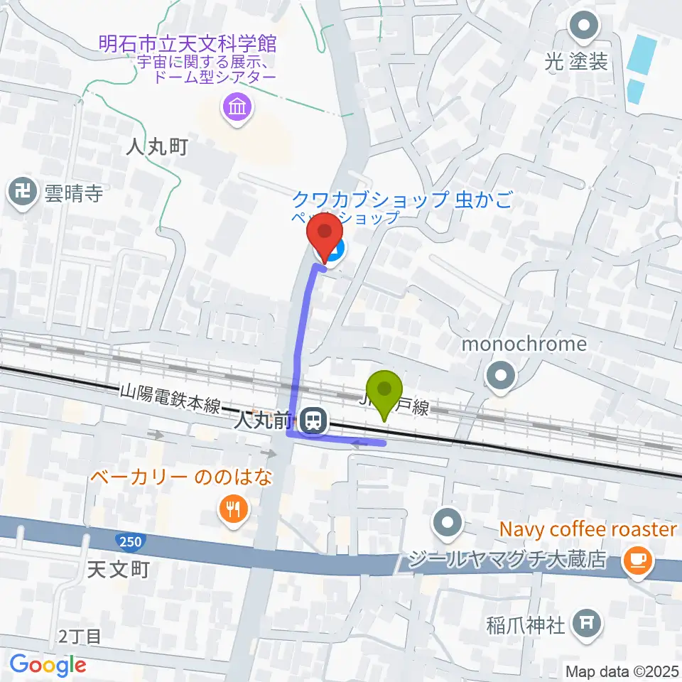 楽器の修理屋プロタックの最寄駅人丸前駅からの徒歩ルート（約2分）地図