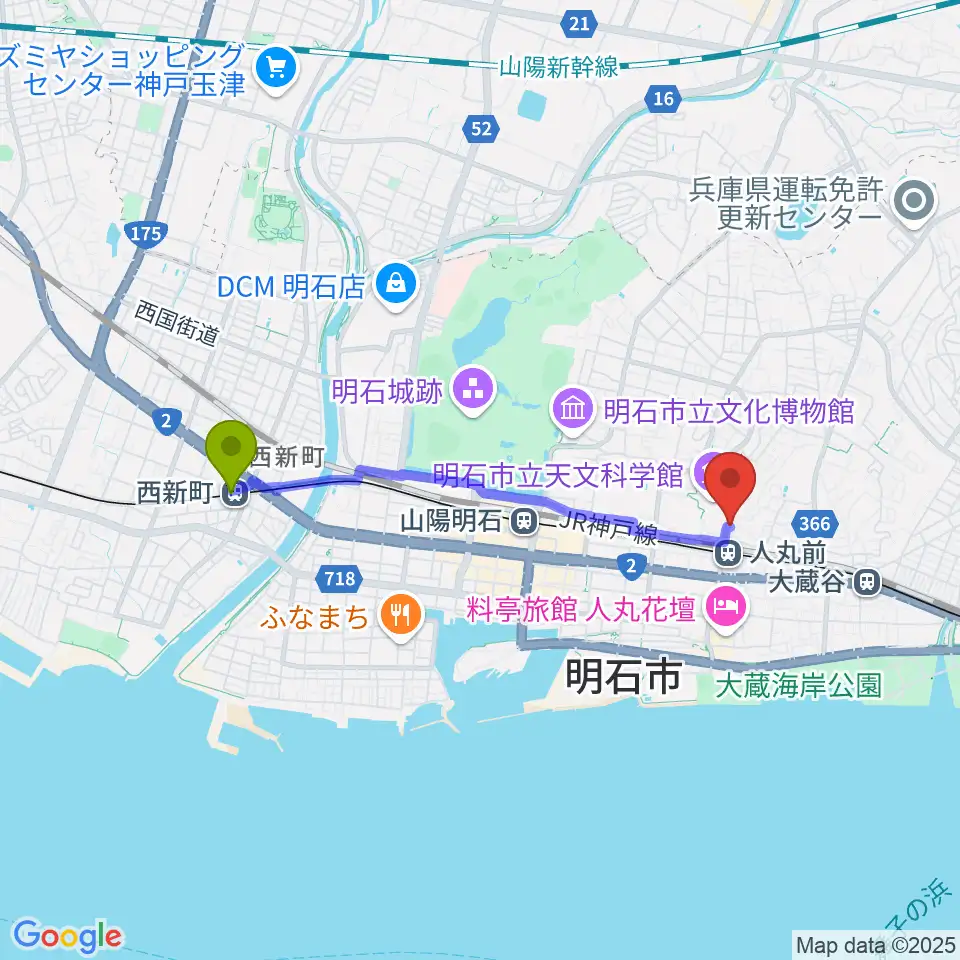 西新町駅から楽器の修理屋プロタックへのルートマップ地図