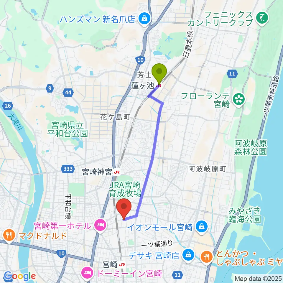 蓮ケ池駅からベリーエイプ・インクへのルートマップ地図
