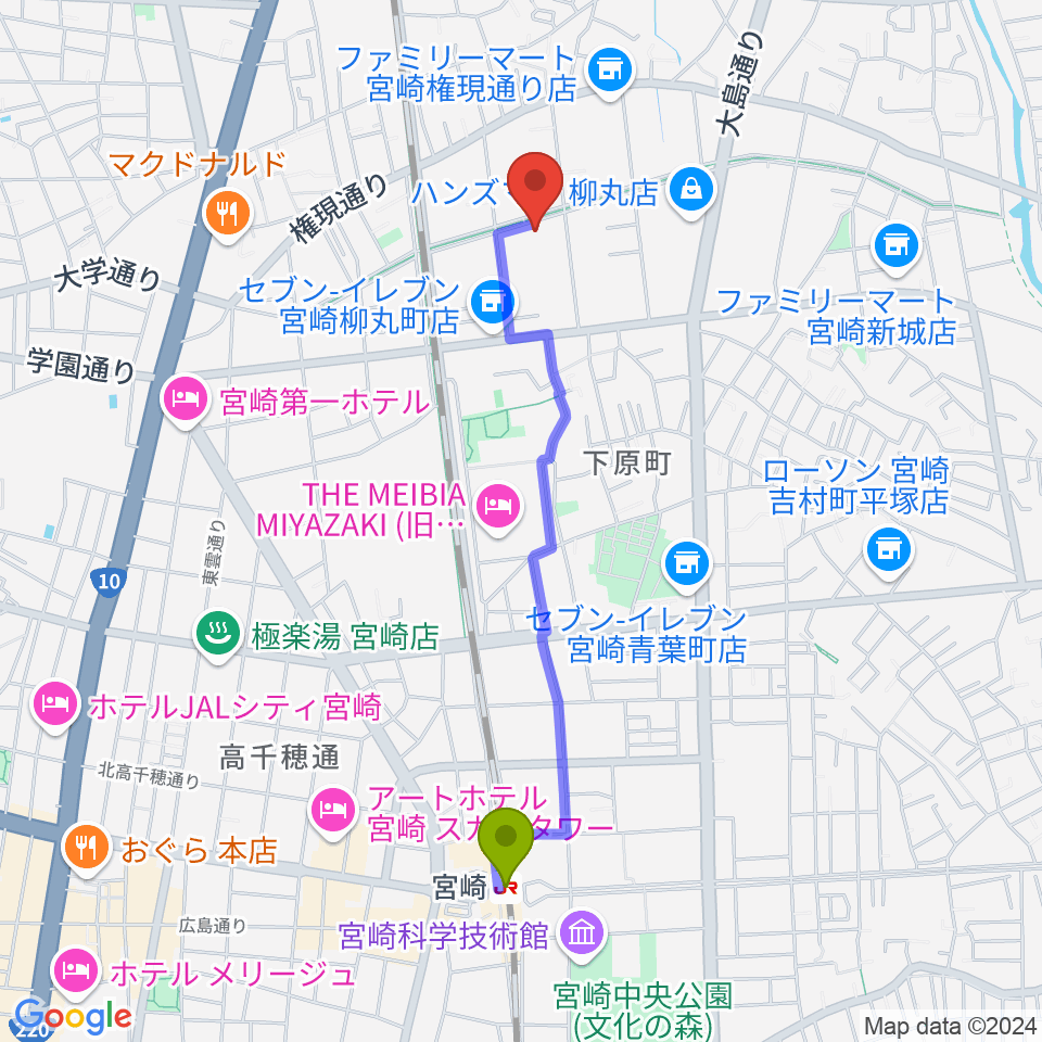 ベリーエイプ・インクの最寄駅宮崎駅からの徒歩ルート（約20分）地図