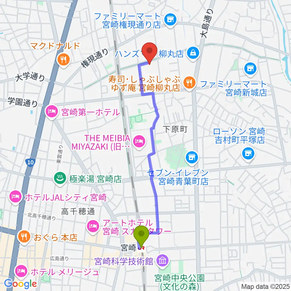 ベリーエイプ・インクの最寄駅宮崎駅からの徒歩ルート（約20分）地図