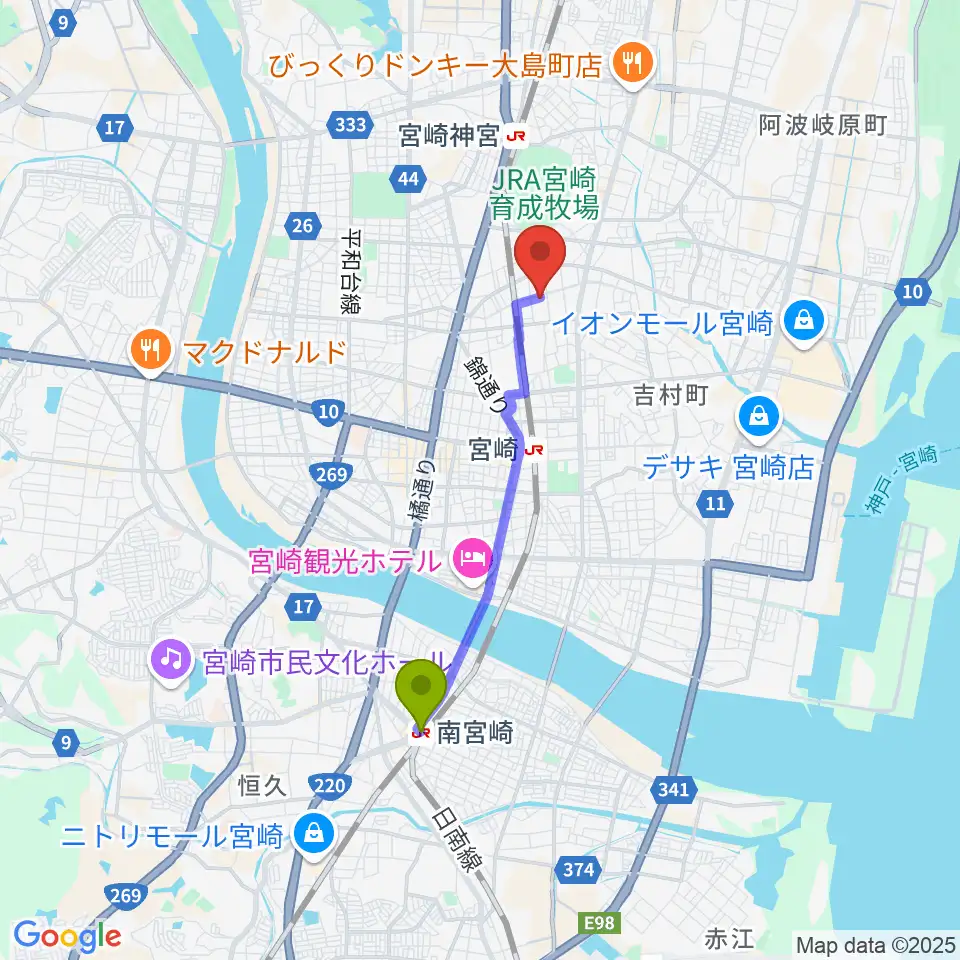 南宮崎駅からベリーエイプ・インクへのルートマップ地図