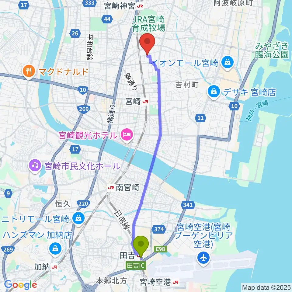 田吉駅からベリーエイプ・インクへのルートマップ地図