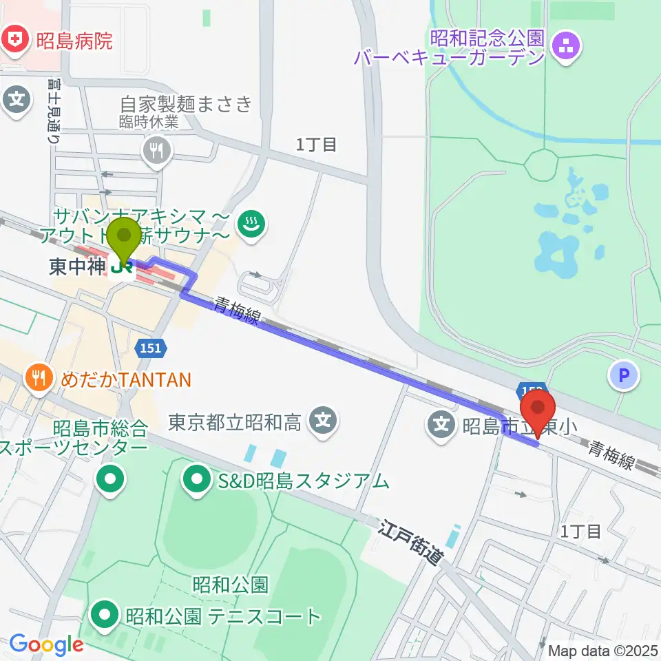 東中神駅から西立川総合音楽センターへのルートマップ地図