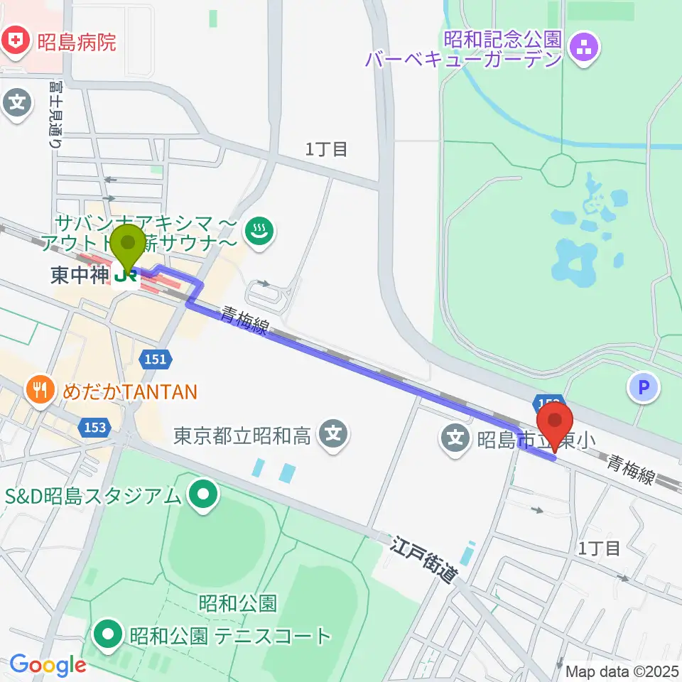 東中神駅から西立川総合音楽センターへのルートマップ地図