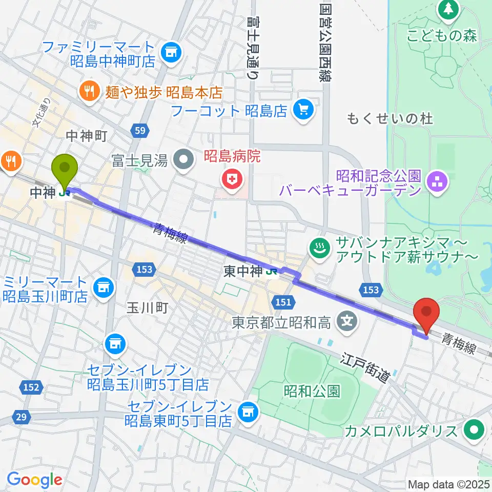 中神駅から西立川総合音楽センターへのルートマップ地図