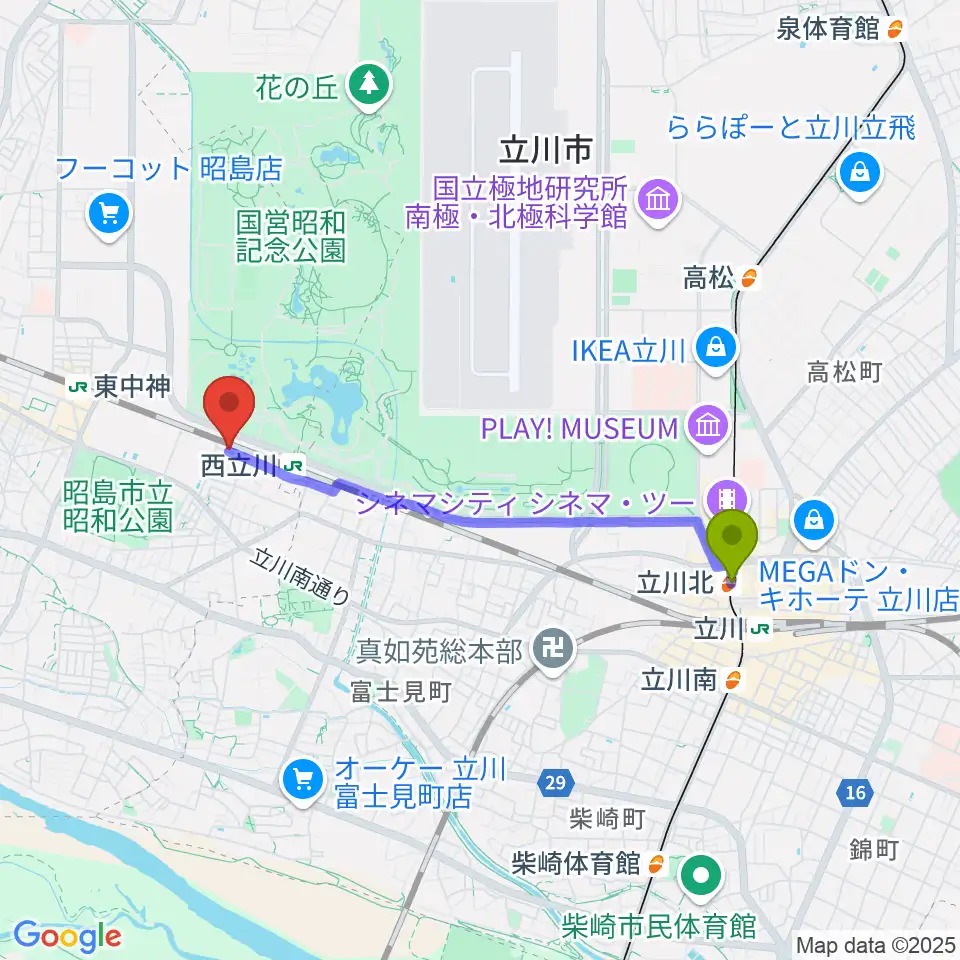 立川北駅から西立川総合音楽センターへのルートマップ地図