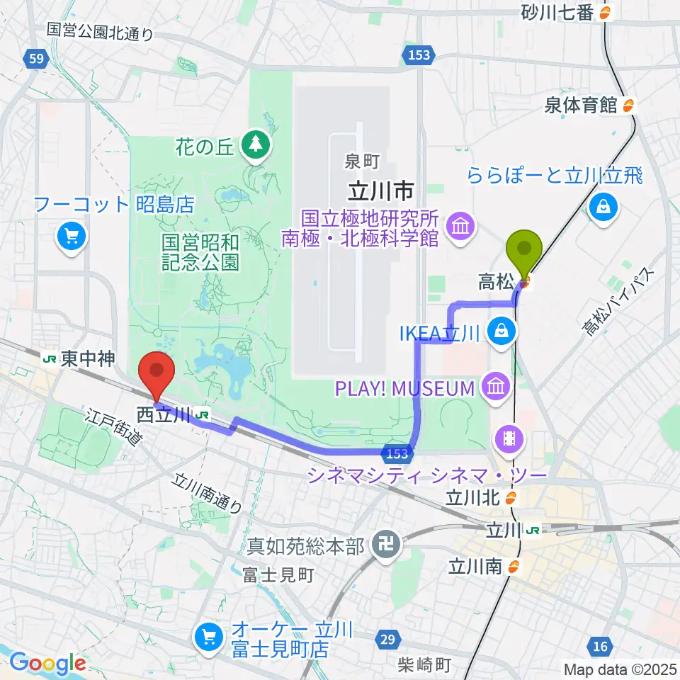 高松駅から西立川総合音楽センターへのルートマップ地図