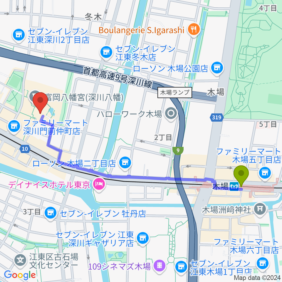 木場駅から多度雅楽会 東京奏楽所へのルートマップ地図