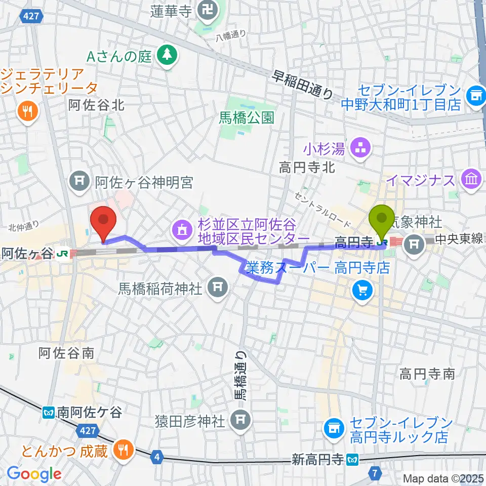 高円寺駅から阿佐ヶ谷オイルシティへのルートマップ地図