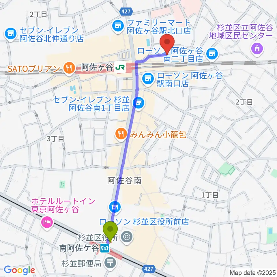 南阿佐ケ谷駅から阿佐ヶ谷オイルシティへのルートマップ地図